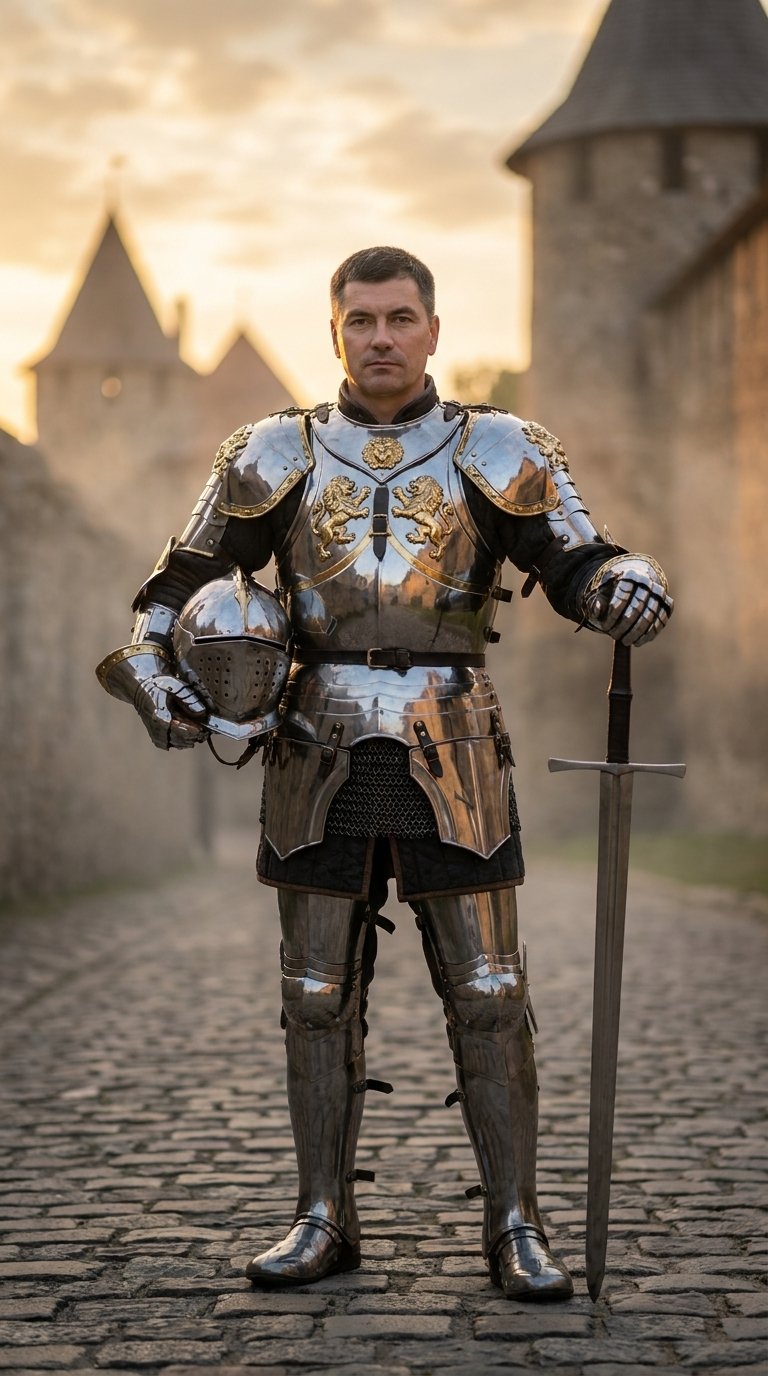Full-body photorealistic cinematic portrait of the man from the reference image, maintaining 1:1 exact facial likeness, features, and anatomical proportions without changes. He is portrayed as a noble medieval knight standing on a cobblestone street of a 