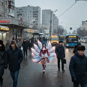 A cinematic video scene set near Vykhino metro station in Moscow, Russia. A realistic post-Soviet urban environment: gray concrete apartment blocks, crowded street, buses and marshrutkas, people in winter clothing, Russian Cyrillic signs, wet asphalt afte