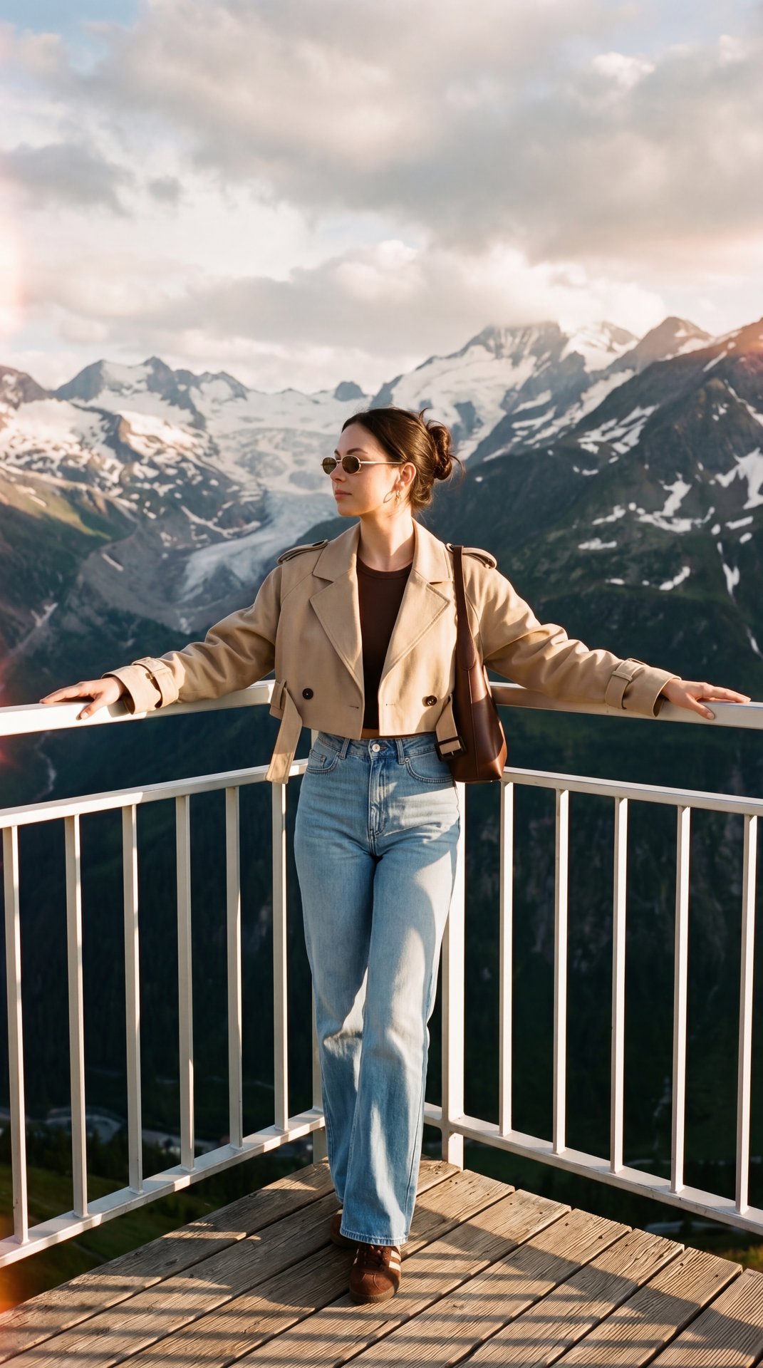 A girl on an Alpine observation deck, shot by a professional camera at eye level, full-length (up to mid-thigh), in profile three quarters to the left; arms spread wide along a white metal railing on wooden balusters, hands slightly relaxed, fingers sligh