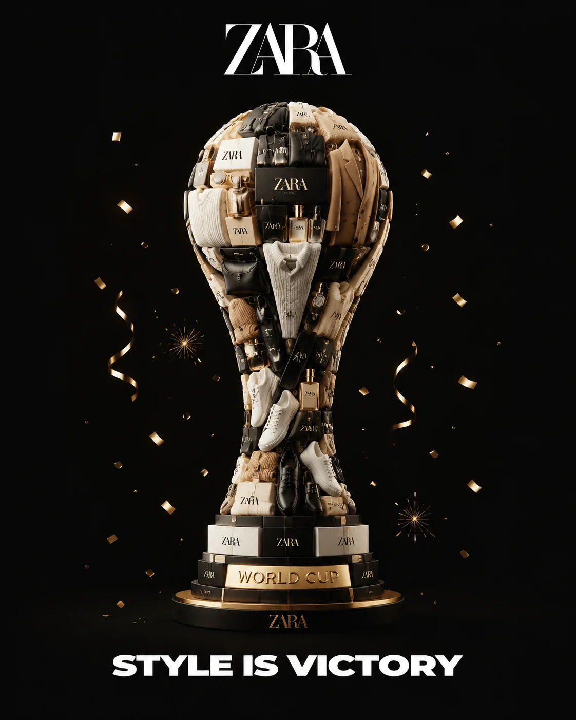 Brand_Name: {ZARA} Create a clean premium poster in 4:5 vertical format. Place the brand logo at the top center. In the middle, build a FIFA World Cup trophy shape using only the brand’s products and packaging, arranged to match the exact iconic trophy si
