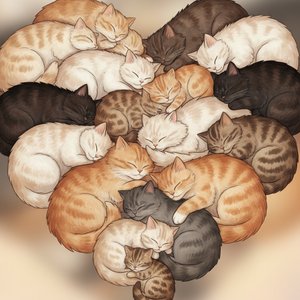 Нарисуй сердце в котором спящими клубочками лежат самые разные кошки.
