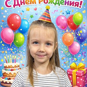 Сделать поздравительную открытку с Днем рождения.
Черты лица максимально сохранить.
Расположить надпись: Поля! С Днем Рождения!