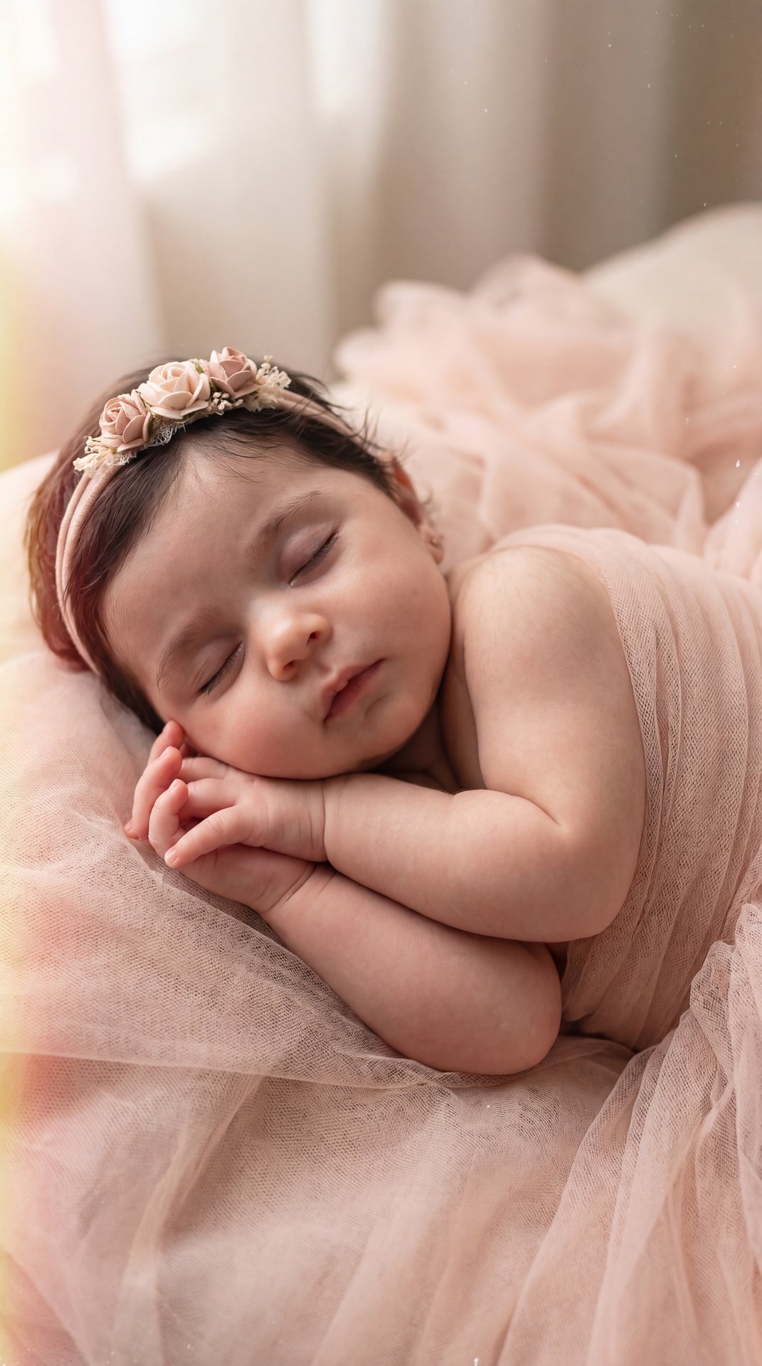 Newborn baby sleeping in an indoor studio, swaddled in sheer blush‑pink tulle; floral headband with small blush roses; lying on side with torso gently curled, head slightly tilted toward camera and a touch to camera right; forearms bent and stacked under 