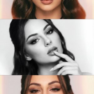 The image consists of a triptych featuring a young woman with long, straight dark hair adorned with a small, black hair accessory. Each panel showcases a distinct pose and expression against a plain light background.

1. **Top Panel**: The photo is in col