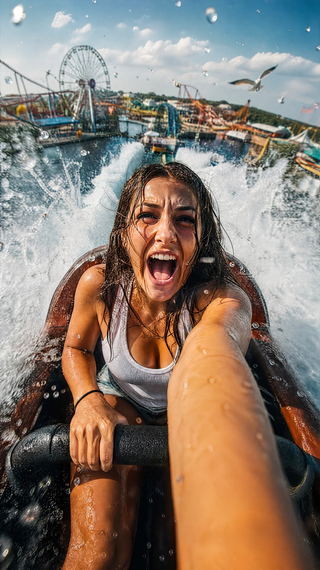 Create an ultra-realistic cinematic first-person POV action photograph of a young woman riding a high-speed water roller coaster through an amusement park.


The camera is mounted directly in front of the rider using an ultra wide-angle action camera, cre