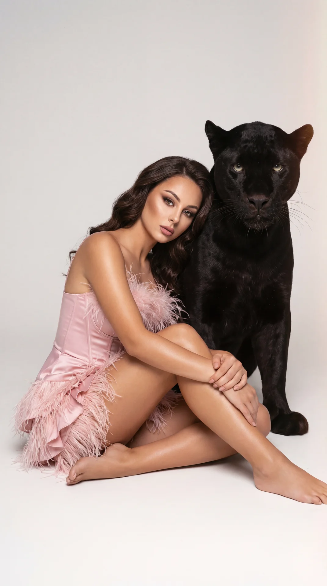 A girl, wide full-body shot, direct eye-level angle, professional DSLR studio photography. Slender tanned figure. Sitting on the studio floor angled slightly left, knees bent upwards. Arms elegantly wrapped around her raised legs, resting lightly on her s
