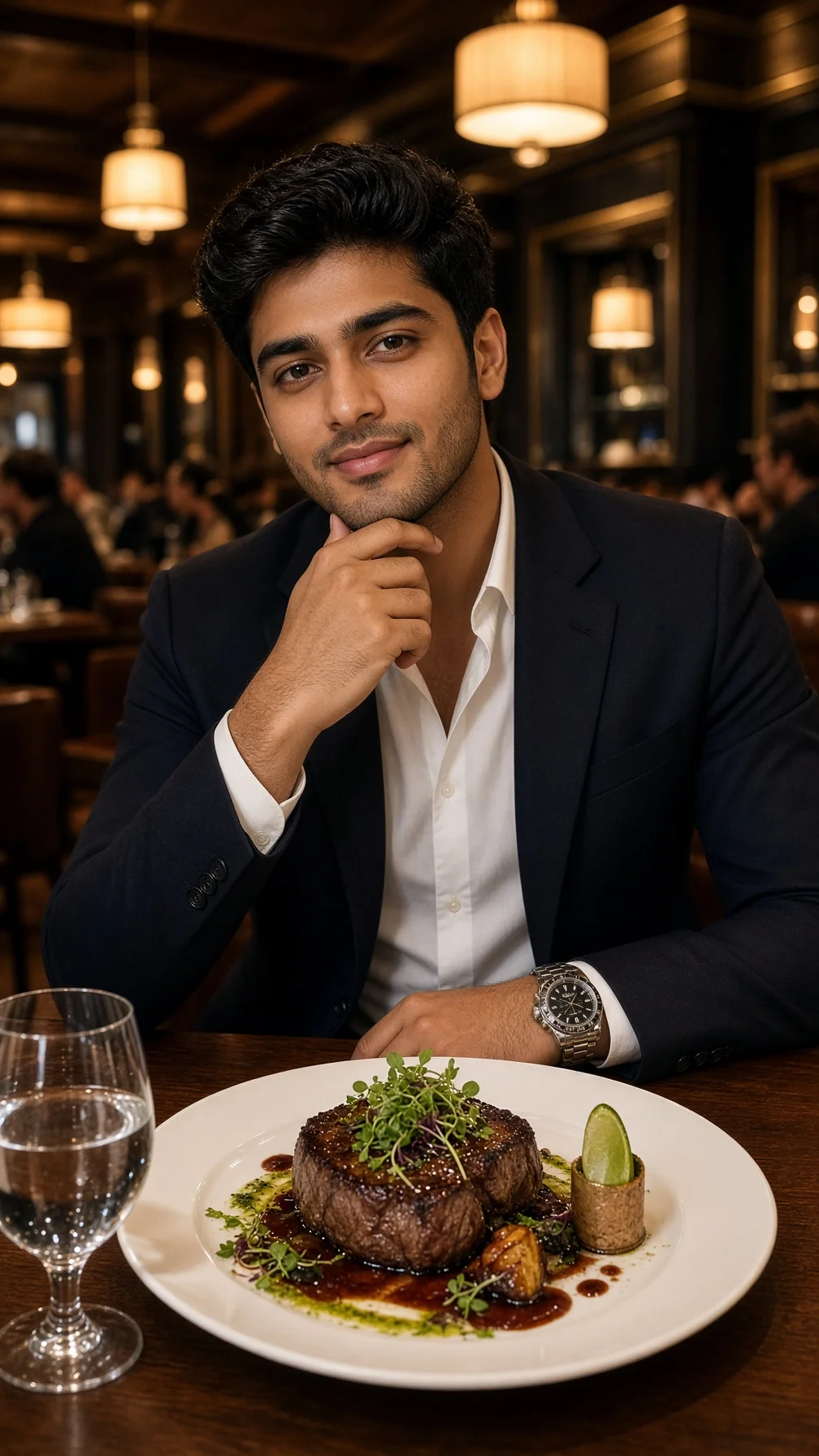 Using the uploaded selfie as the exact facial reference, create a photo from the description. It is mandatory to retain 100% of the facial features and achieve identical likeness.
A luxurious dining scene unfolds in an elegant restaurant, capturing a well