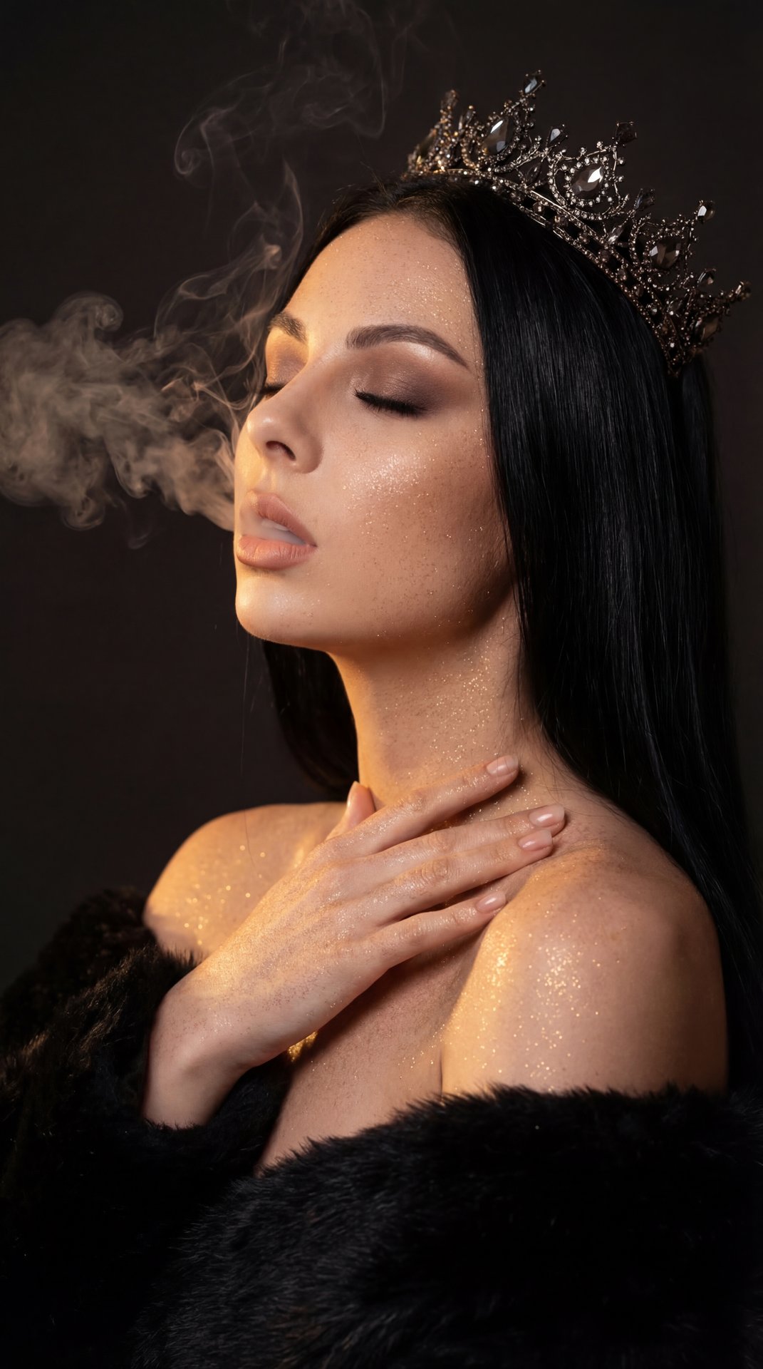 A girl captured in a dramatic, cinematic side-profile portrait shot on a professional camera. Specifically, she is turned in a three-quarter profile facing left, with her head tilted slightly upward and back. Her eyes are completely closed in a look of de