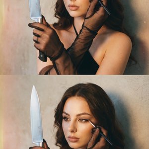 The image features a person seen in two nearly identical poses, one above the other. They are wearing sheer black gloves that extend up their arms, adding a touch of elegance and mystery. The person holds a knife delicately, using the reflective surface a