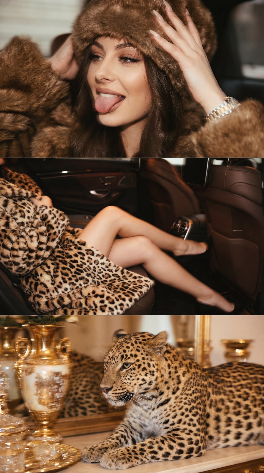 The image is a collage of three distinct scenes, each exuding an aura of luxury and wildness.

1. **Top Section**: A person, possibly a woman, is seen in close-up, wearing a furry hat. Her expressive face is turned to the side, with a playful gesture as h