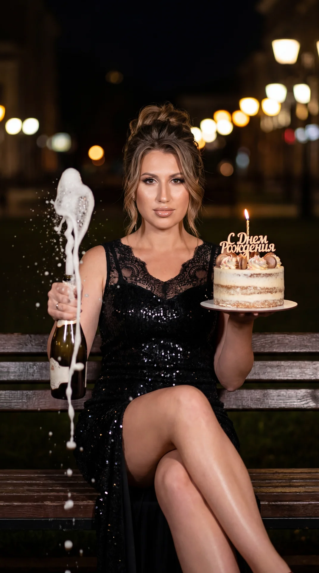 Создай фотореалистичное birthday luxury lifestyle / night editorial фото.
В кадре красивая девушка сидит на деревянной лавочке ночью на улице. На ней образ с фото 2 Ноги красиво скрещены, поза уверенная, женственная и немного дерзкая. У девушки объёмные р
