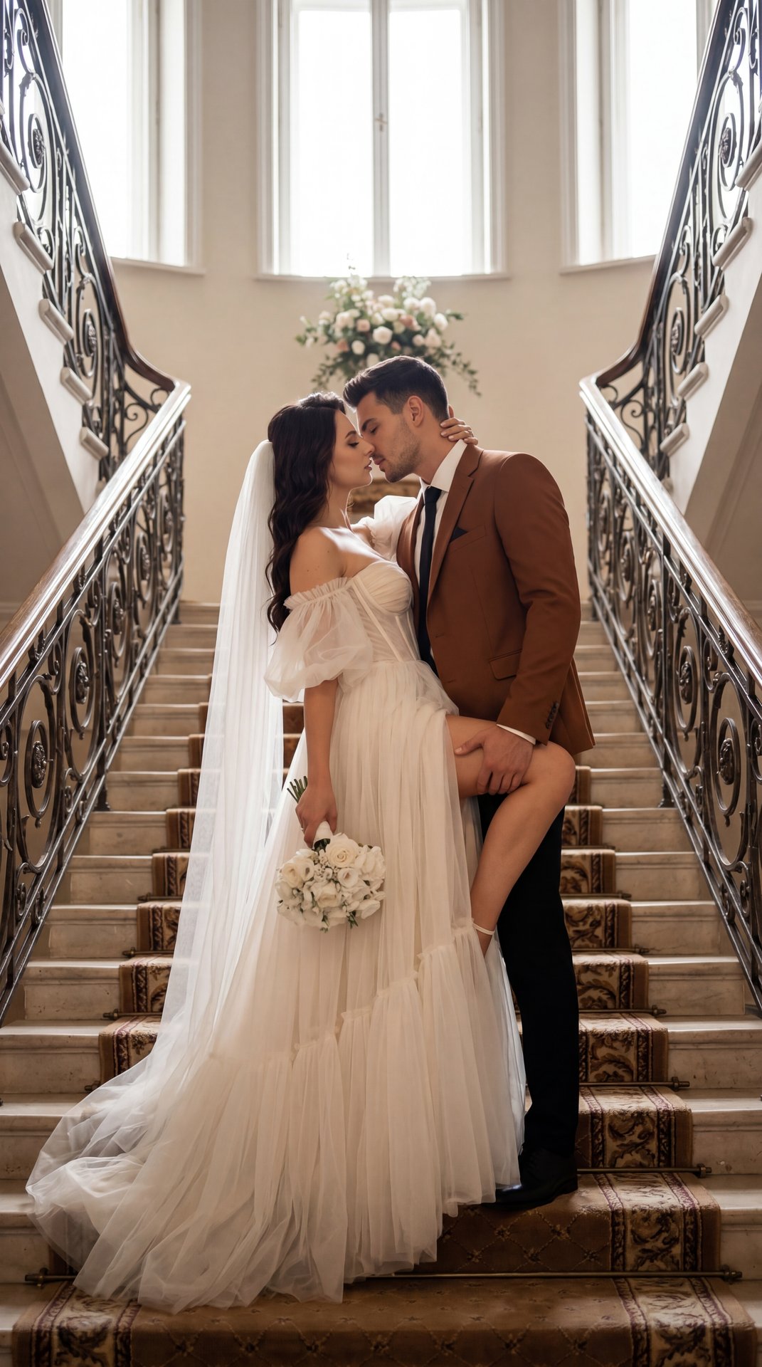 Elegant wedding editorial on a grand double staircase, centered composition with leading lines from ornate wrought-iron railings, vertical portrait, medium-full shot from a slightly low upward angle, full‑frame 35mm lens at f/1.8, soft natural backlight f