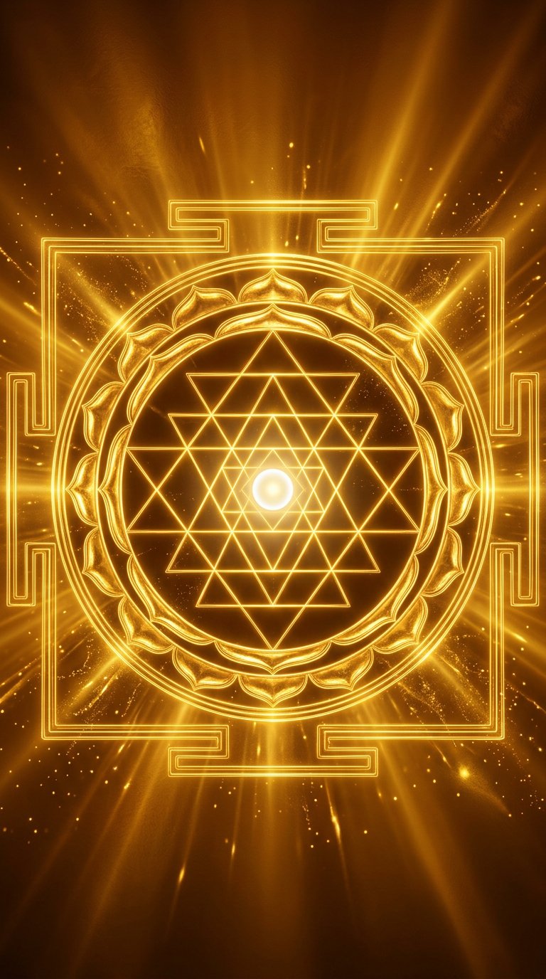 "A hyperrealistic, living artifact of Absolute Abundance: a Sri Yantra woven from pure, molten 24-carat liquid gold light. The background is a deep, radiant, molten gold. The Sri Yantra, occupying almost the entire space, is composed of nine perfectly sym
