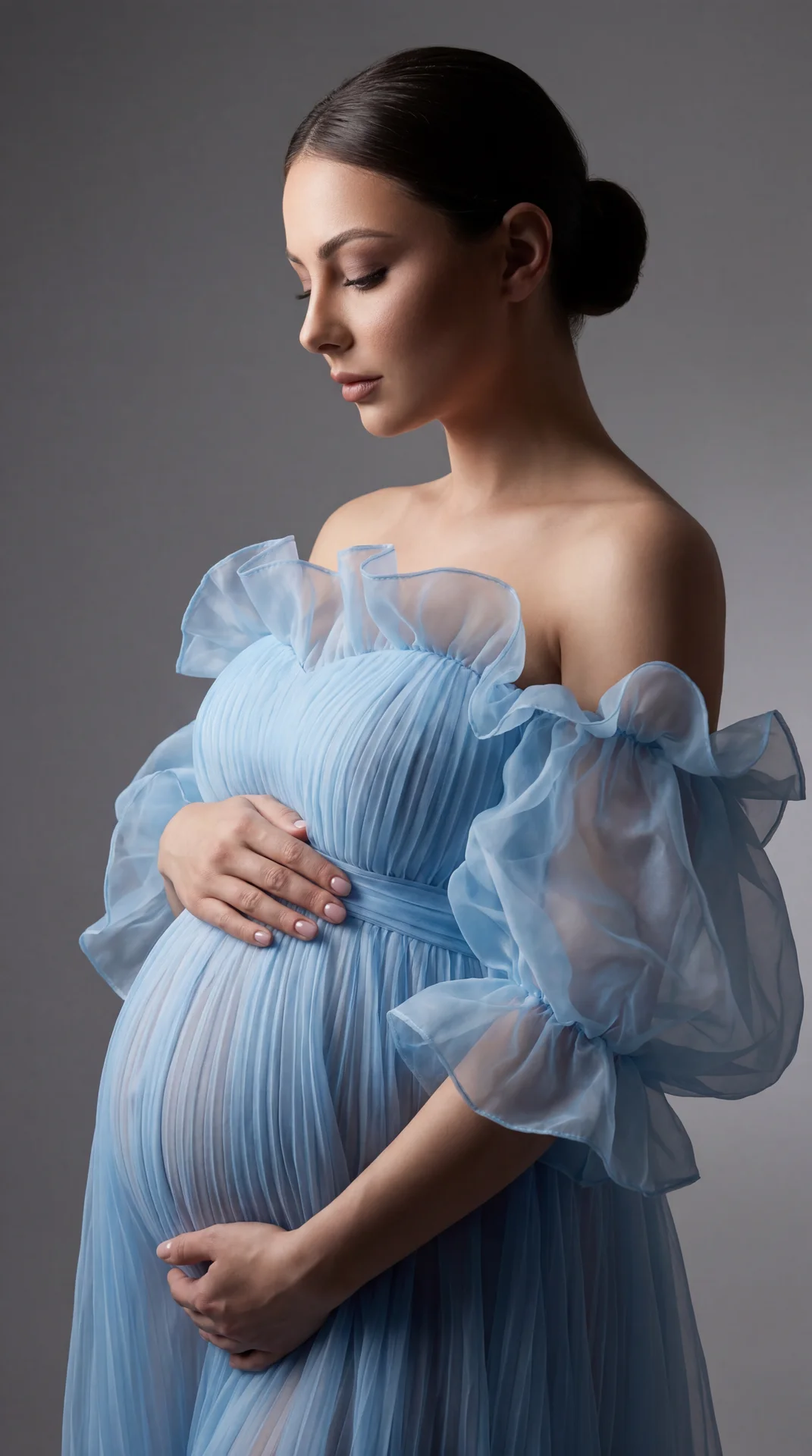 Professional studio fashion portrait, side-profile three-quarter shot at eye level (camera perpendicular), center-framed on a seamless gray backdrop; soft diffused key light front-left with gentle rim back-right; cool clean color grade, shallow DOF, high 