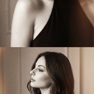 The image consists of two sepia-toned portraits of the same person. 

In the upper section, the focus is on the person's left shoulder and partial face, emphasizing their neck and shoulder area. They're wearing a sleeveless, high-neck black top. The light