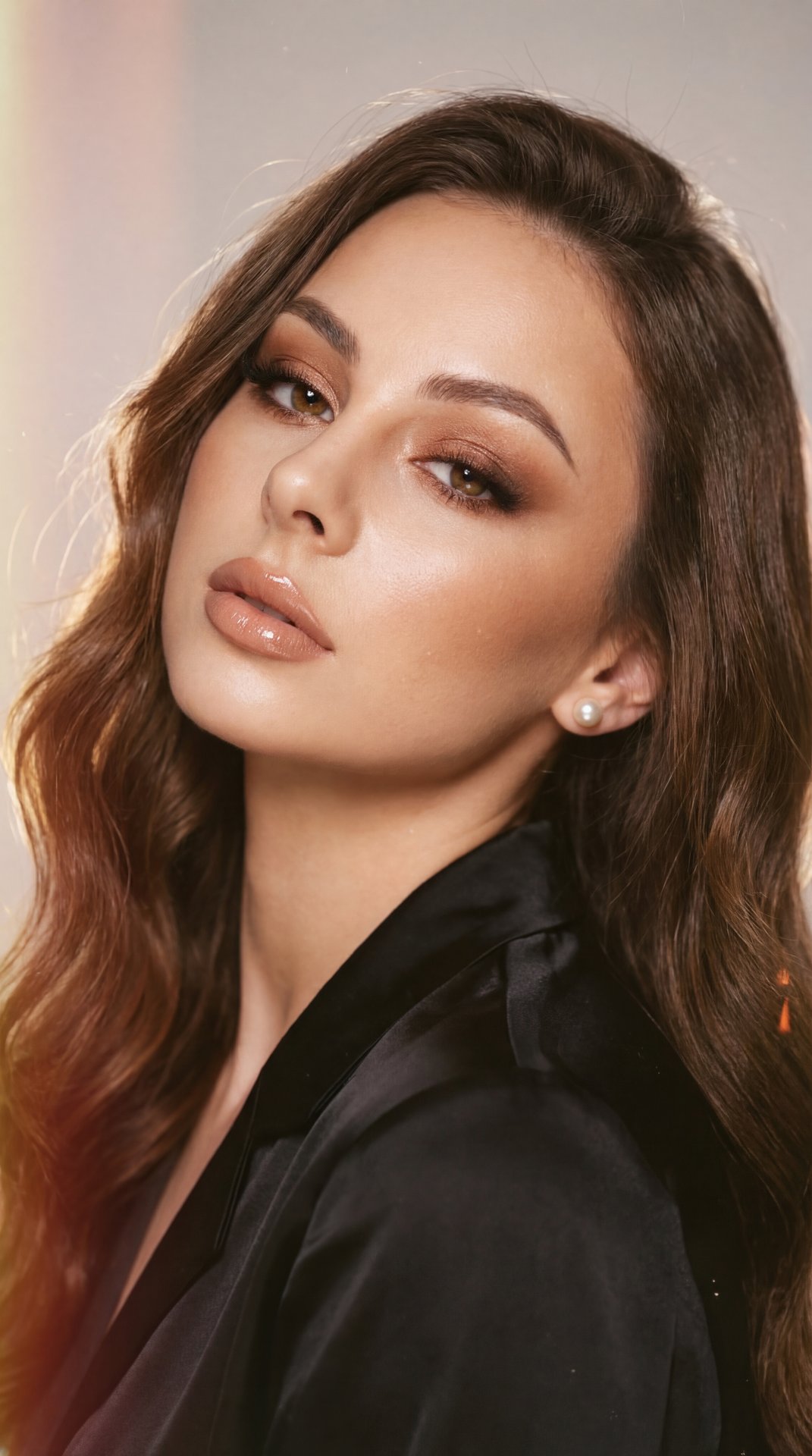 А girl reclining in a tight head-and-shoulders portrait, camera slightly above eye level (short telephoto, shallow depth of field), soft warm studio key light with gentle rim, film grain and subtle vignette; pose: head tilted back and slightly to the left