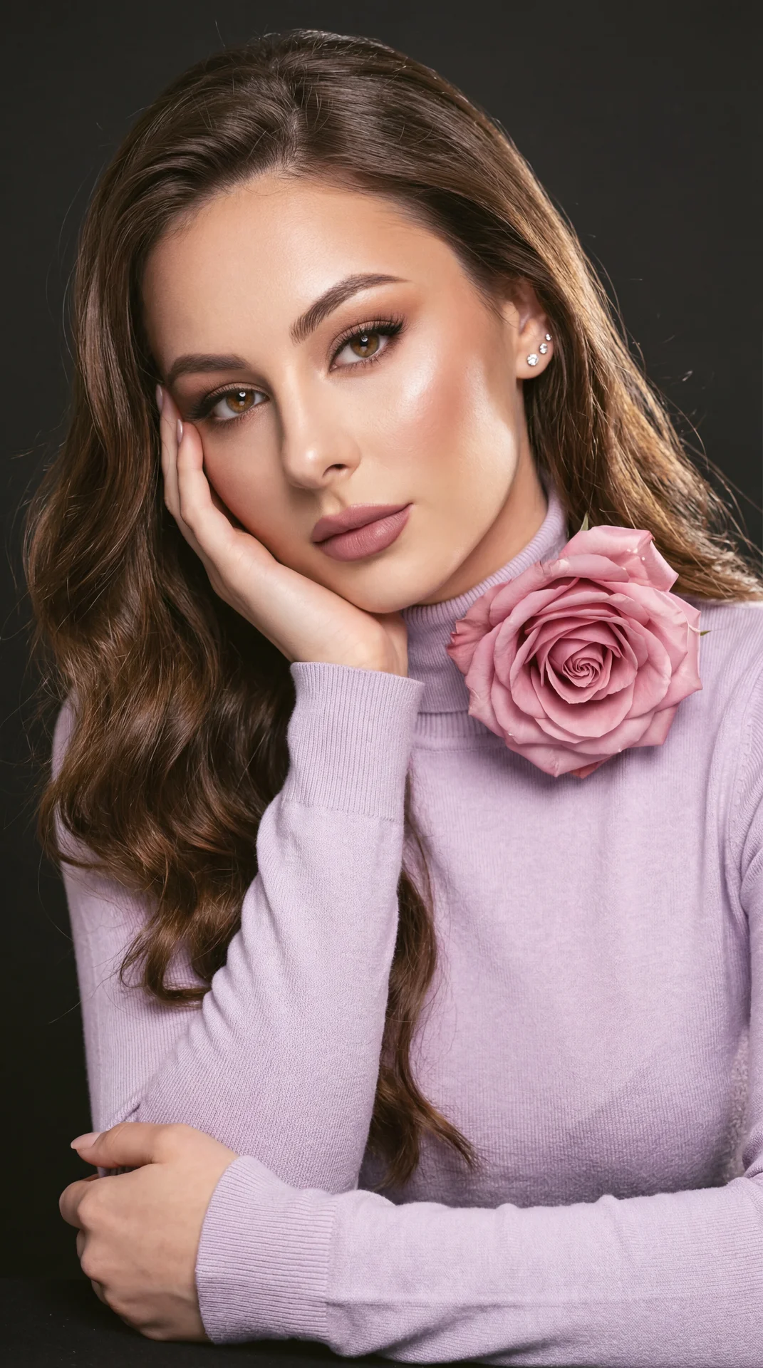 A girl — vertical professional portrait, tight medium‑close crop from upper chest to top of head, camera at eye level with a slight top‑down tilt, shallow depth of field for soft background separation.

Pose and hands:
⦁ Torso angled slightly toward the v