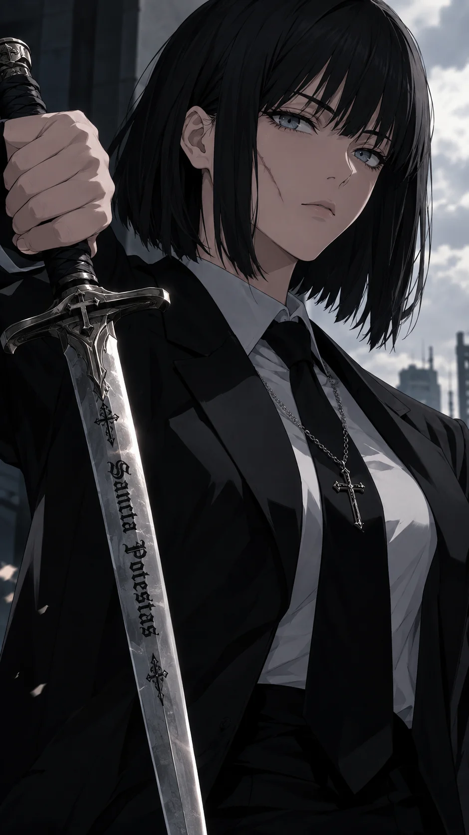 A 28-year-old girl is a demon hunter from chainsaw man in a formal suit, with an old scar on her left cheek, gray-blue eyes, black hair in a square, Wears a cross on a chain, holds a saber with the inscription "Sancta Potestas" in Gothic style, anime styl