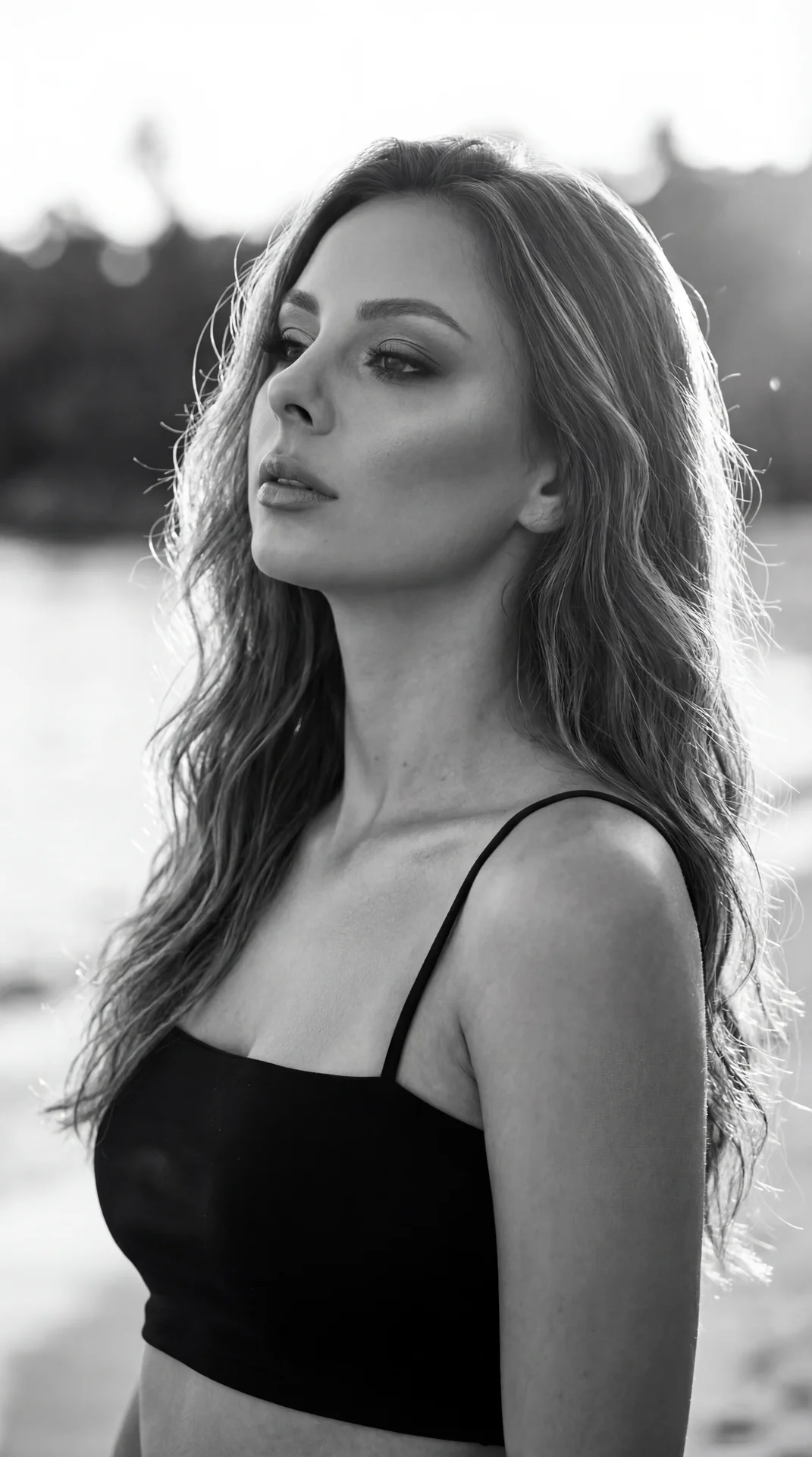 A girl — vertical medium‑close portrait (upper chest to crown), camera at eye level in a three‑quarter profile; head slightly tilted back and turned toward camera‑left, chin lifted, gaze upward toward the horizon, mouth closed with relaxed lips, hands out