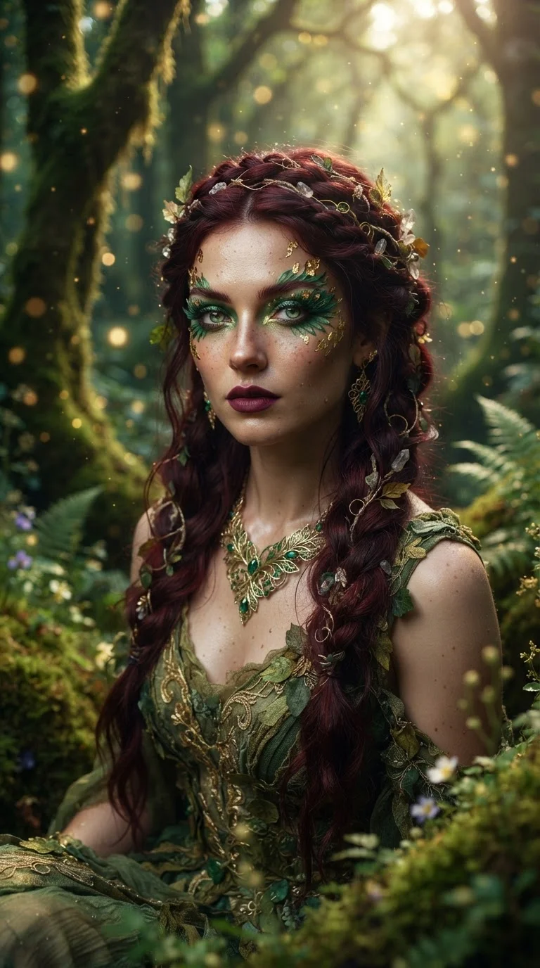 Hyper-realistic portrait of a stunning woman as a forest nymph, elaborate makeup with emerald green and gold crystal embellishments, intricate feather-like eyeshadow, deep berry-colored lips, piercing green eyes, intricate braided dark red hair, wearing g