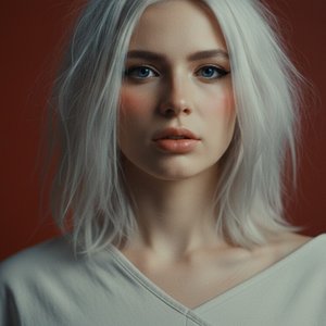 very aesthetic 1girl, solo, blue eyes, white hair, messy hair, shoulder length hair, parted lips, blush, nose blush, parted lips, black eyeliner, makeup, close up, portrait, subject focus, looking at viewer, soft skin texture, natural skin detail, asymmet