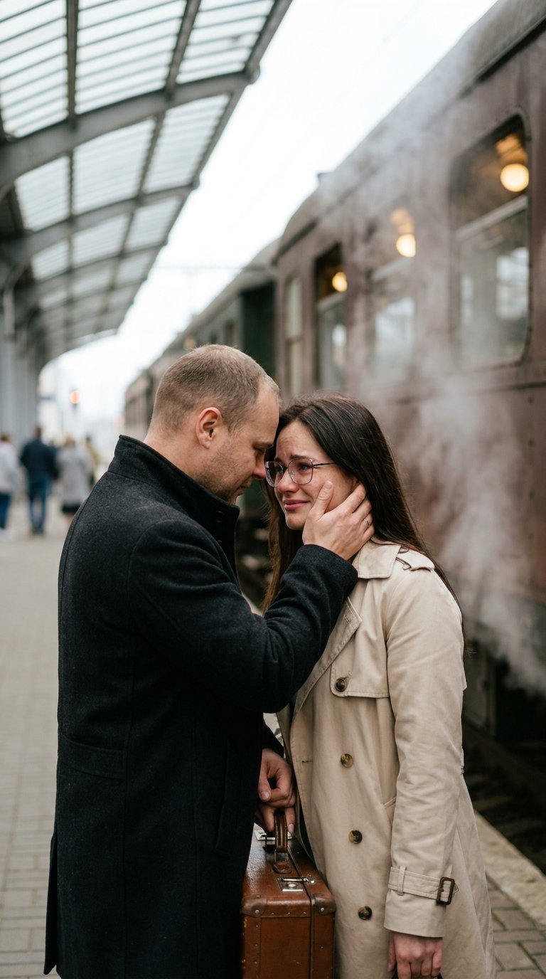 Hyper-realistic cinematic photo of a couple saying goodbye at a railway station platform. A young man and a woman in their late 20s to early 30s, standing close together next to an old-fashioned train car with large windows. He holds her face gently with 