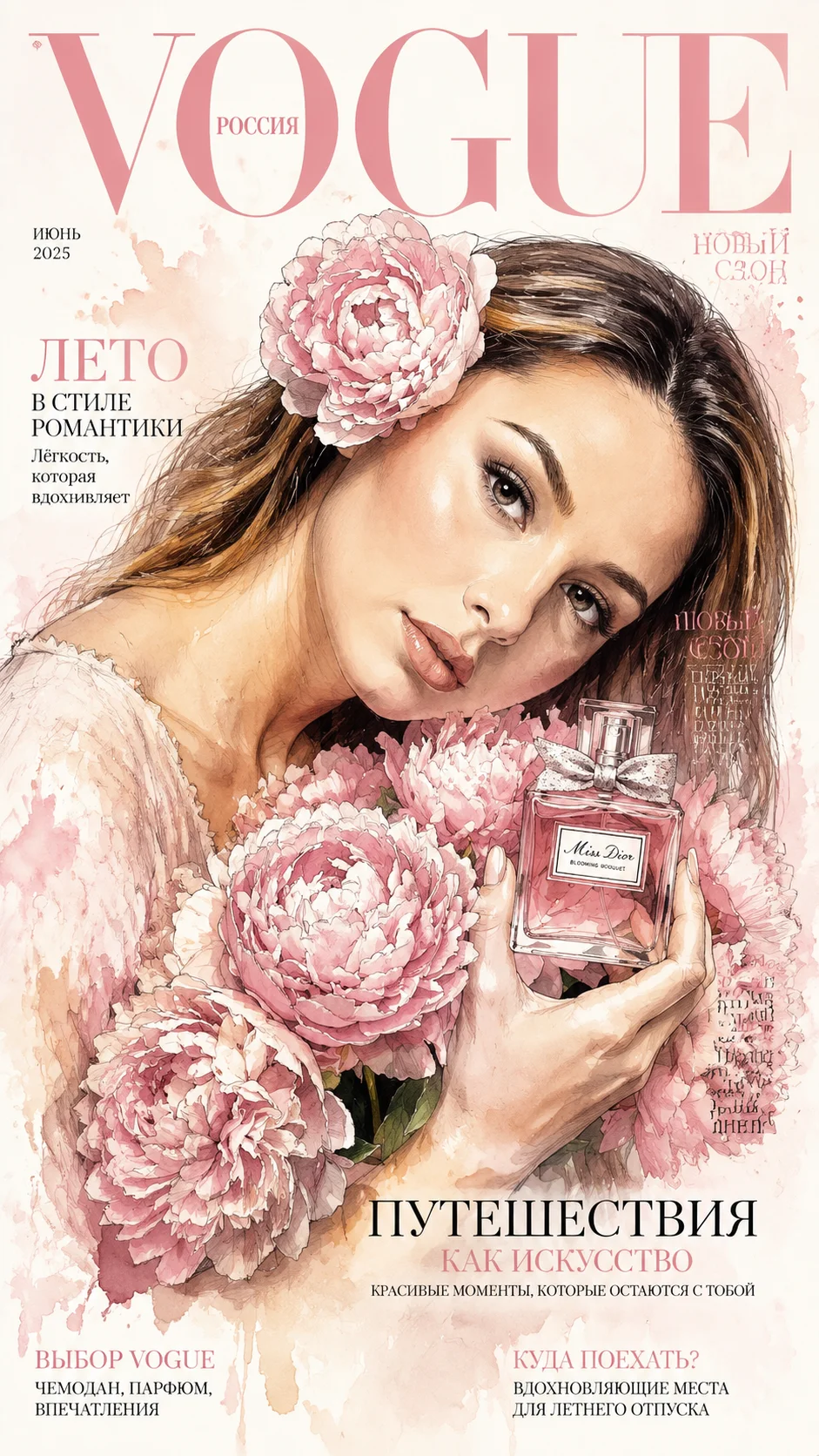 Elegant watercolor fashion illustration inspired by Vogue magazine covers, fully adaptable for any person, family, friends or travel photo while preserving original facial features, identity, pose and composition. Stylish anime-inspired characters with ex