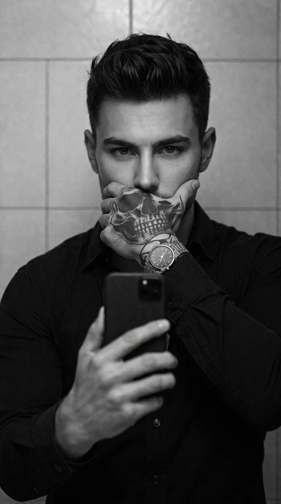 A men in a monochrome, high-contrast mirror selfie, tight medium close-up at eye level, professional-camera look (50mm equivalent, f/1.8, shallow depth, crisp focus, soft directional light), indoors against matte ceramic tiles. Pose: torso facing camera w