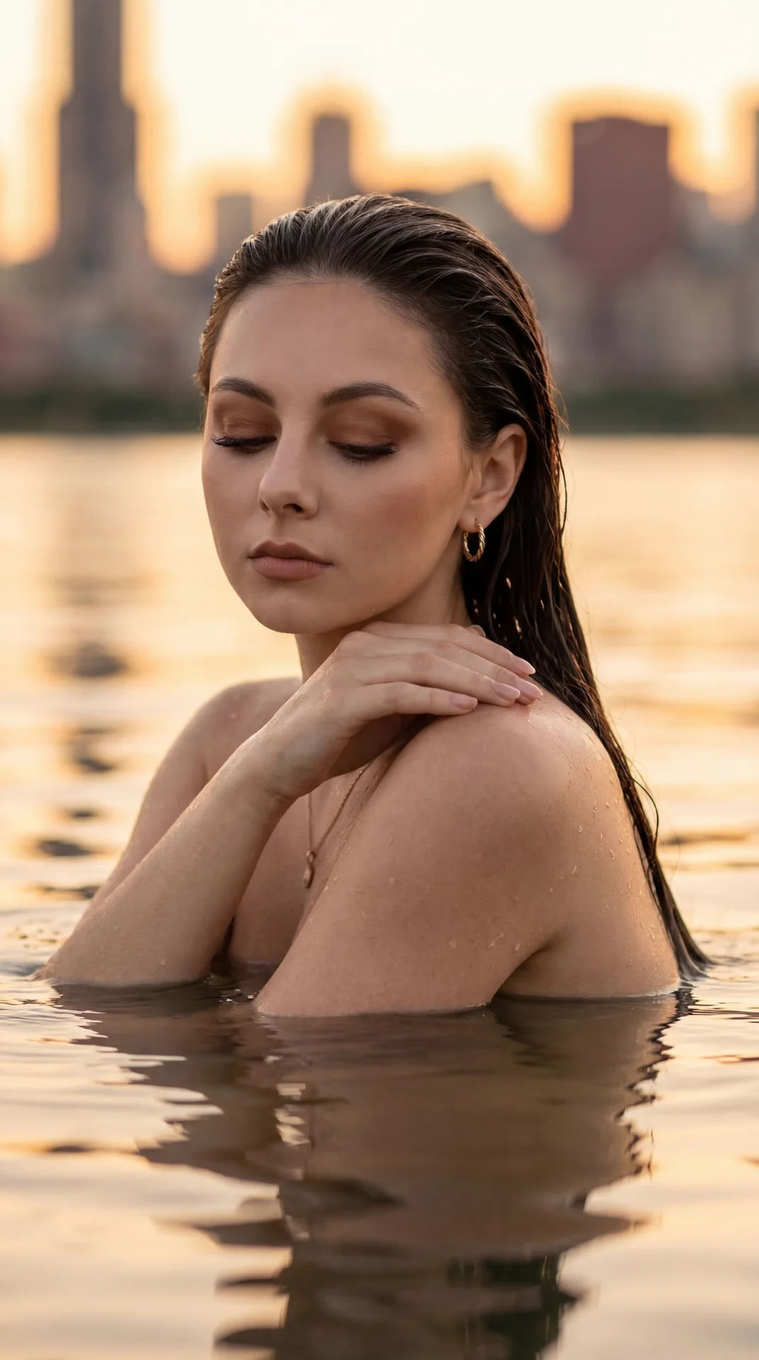 A girl is partially submerged in calm water, situated outdoors with a blurred city skyline in the background illuminated by warm, soft sunset light. Her body is positioned horizontally in the water, with her shoulders and upper chest visible above the sur