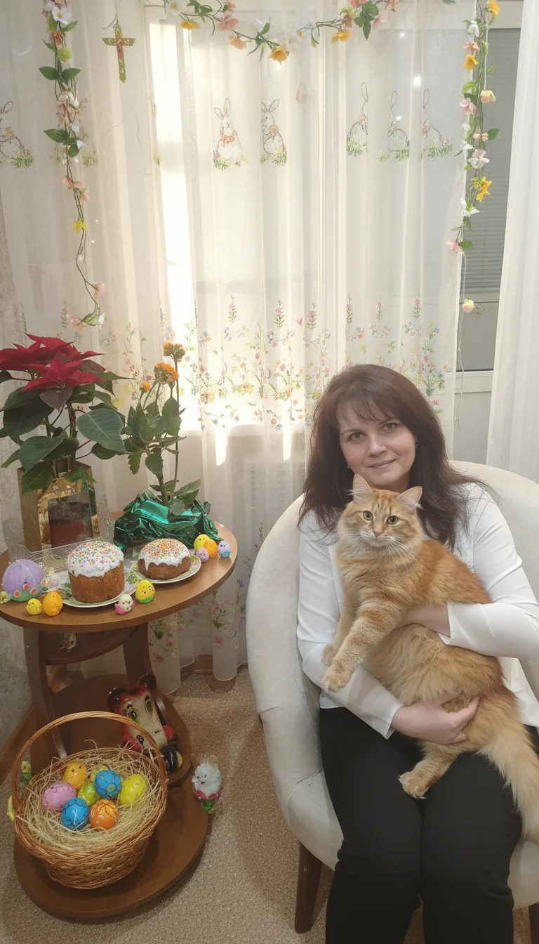 Оживить. На руках кот. Стилизация под праздник Пасхи.