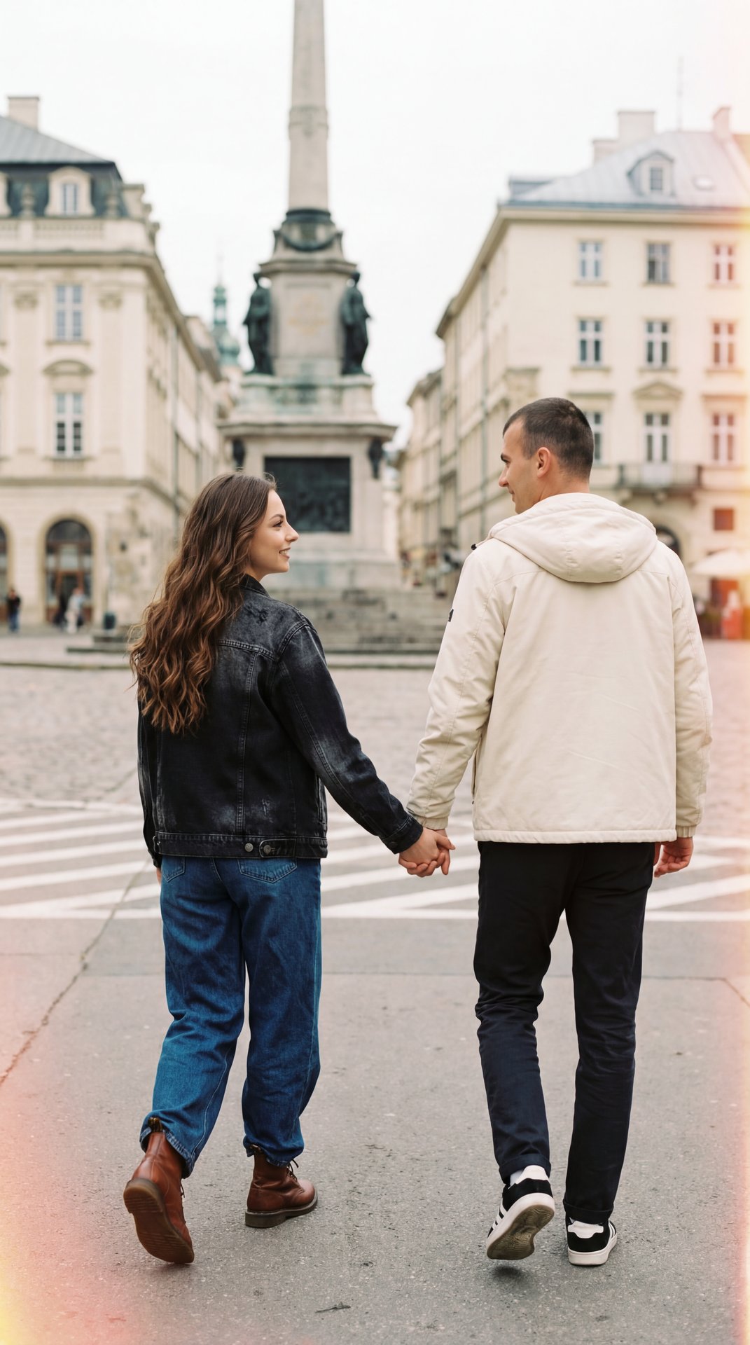 A girl — vertical professional street‑editorial frame, full‑body rear three‑quarter shot from mid‑thigh to top of head, camera at hip‑to‑waist level with mild telephoto compression (85–135mm equivalent), shallow depth of field to separate subjects from ba