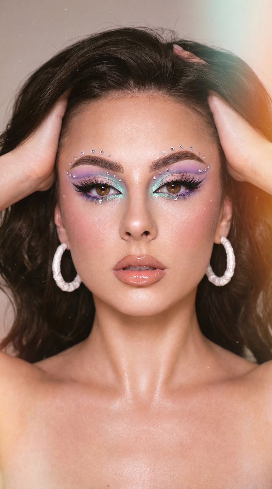 A girl is posed in a close-up portrait with her arms raised, hands positioned above and behind her head, pushing her hair back. Her pose accentuates her neck and shoulders, which are bare, contributing to a sleek and elegant silhouette. She faces directly