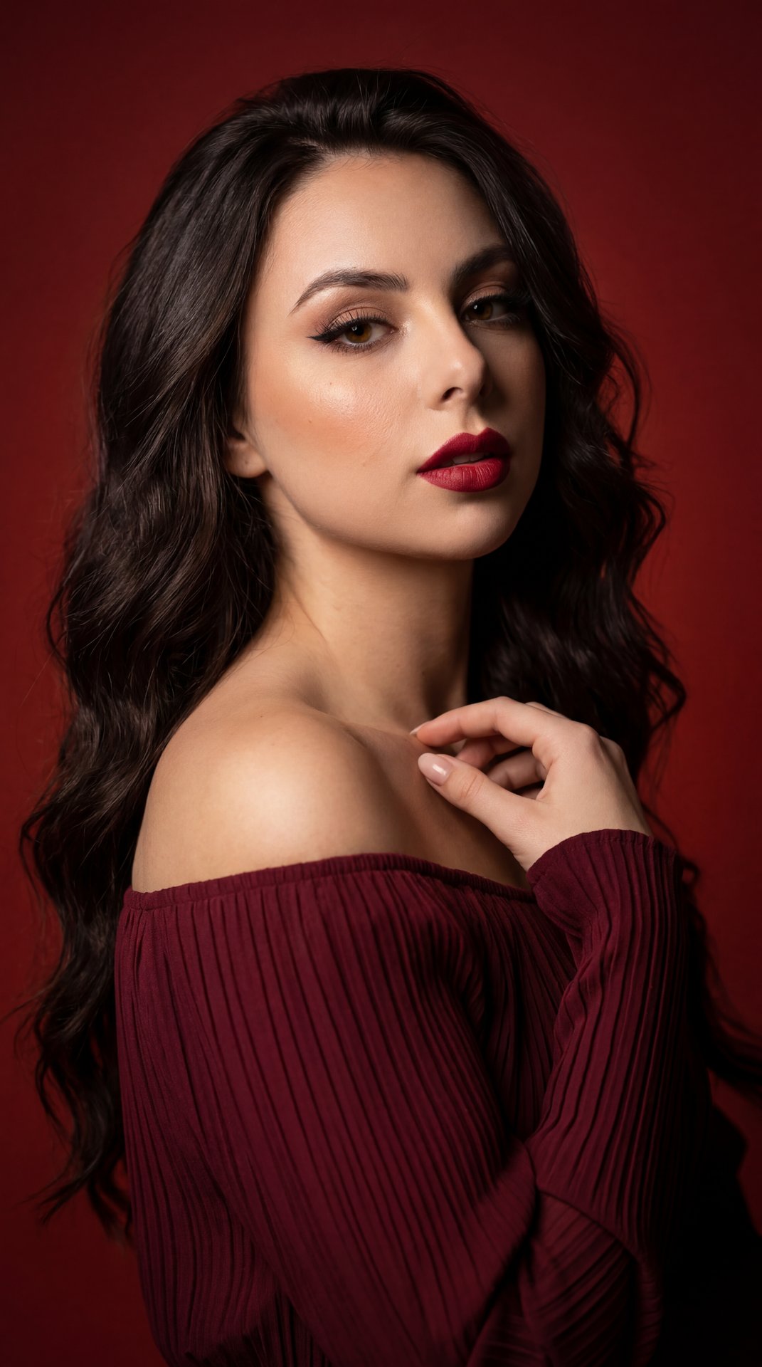 Studio portrait, elegant feminine silhouette, three‑quarter pose with shoulders angled, head slightly tilted; gaze directed to camera‑left; lips softly parted with a subtle confident expression. Right hand raised to the collarbone, fingertips lightly touc