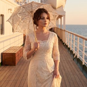 1)
Use the uploaded SCENE REFERENCE image as an ABSOLUTE STRICT reference for:

• composition  
• pose  
• framing  
• clothing  
• hairstyle  
• umbrella design  
• ship deck environment  
• lighting  
• golden hour atmosphere  
• camera angle  
• depth 