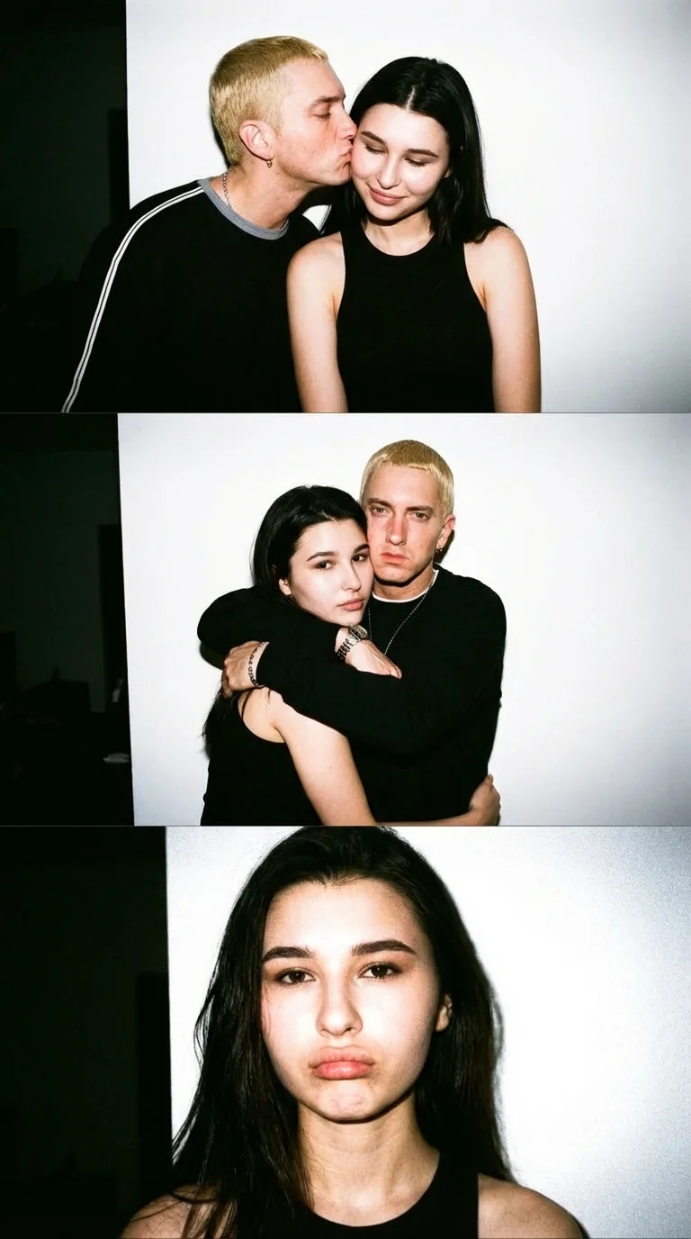Direct on-camera flash in a dark room, blown-out white wall background, visible grain.
Frames: 1) man kissing her cheek, 2) man hugging her from behind, 3) close portrait with pout toward camera.