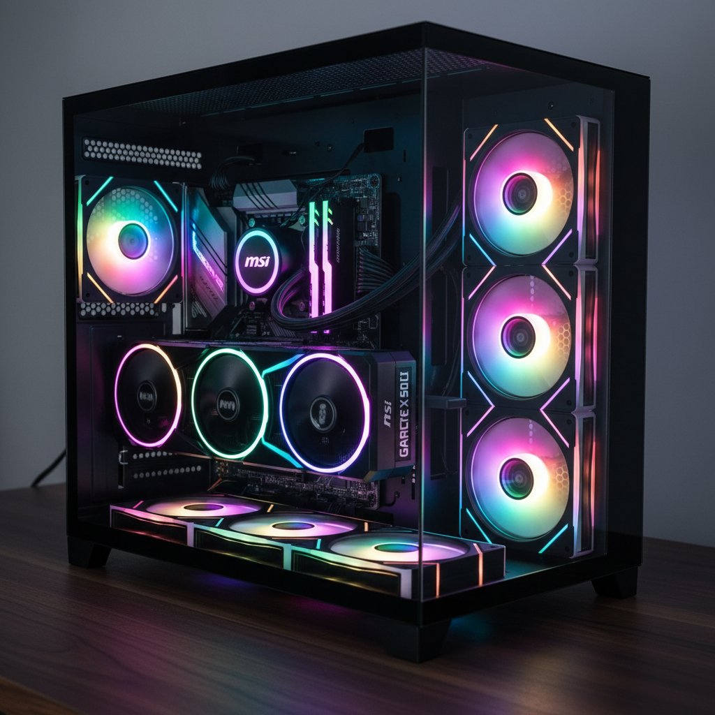 "Photorealistic, close-up shot of a high-end gaming PC setup inside a 1STPLAYER MEGAVIEW MV8-TP Black dual chamber PC case, placed on a wooden desk. The case features a tempered glass front and side panel, revealing the internal components illuminated by 