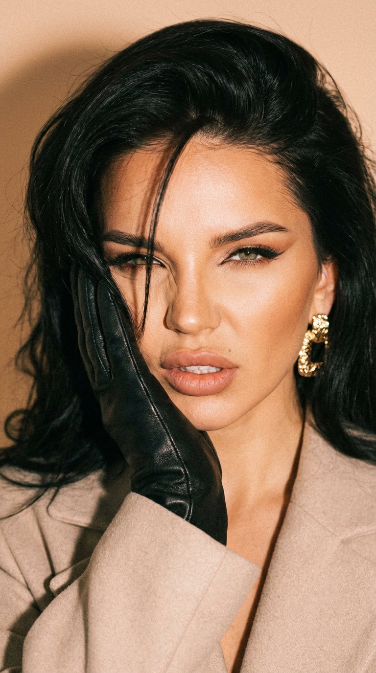 transfer the face and human parameters from my reference photo, preserve identity 100%. Ultra-realistic close-up, centered, eye-level. Black leather glove pressed to cheek. Expression intense feline squint, lips softly parted. Hair voluminous, brushed bac