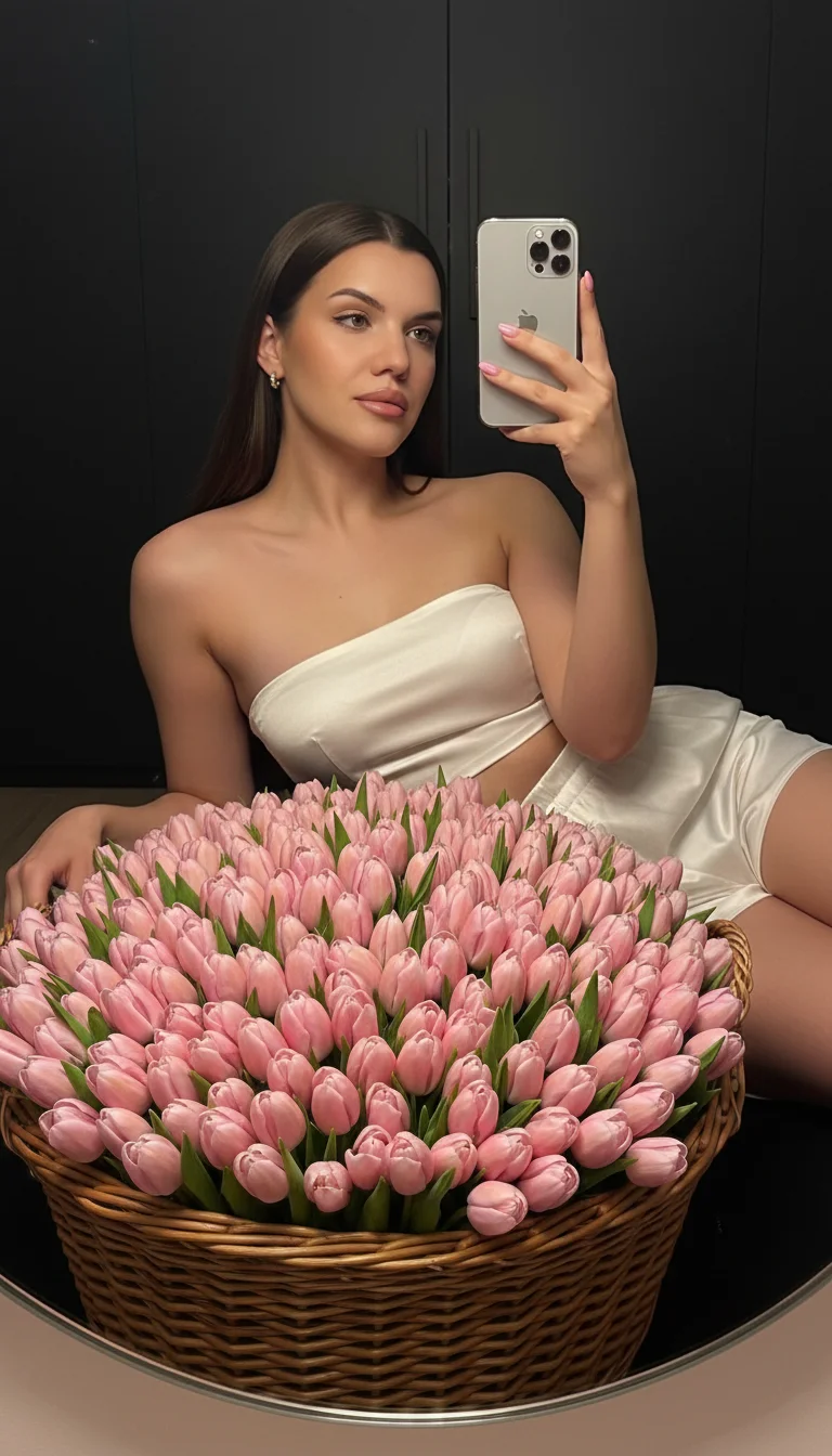 Cinematic mirror selfie of the same woman \(не менять лицо, волосы\)\. Она полулежит, опираясь головой на огромный букет розовых закрытых тюльпанов в корзине \(их примерно 3000 штук\), полностью заполняющий передний план\.
Поза: одна рука поднята с iPhone