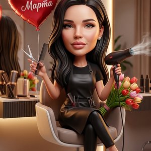 Милая девушка в stylized 3D caricature стиле с крупной головой и реалистичным лицом сидит в современном парикмахерском кресле салона красоты\\\. На ней стильный черный фартук парикмахера, в руках профессиональные ножницы и расческа\\\. Рядом фен, щетки, с