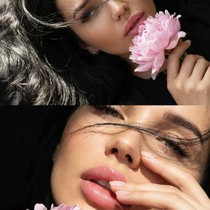 Use the face from the reference photo and preserve facial features exactly 1:1. Do not change the face shape, eyes, lips or nose. Create a seamless collage composed of two visual moments within one continuous frame without borders or visible separation. T