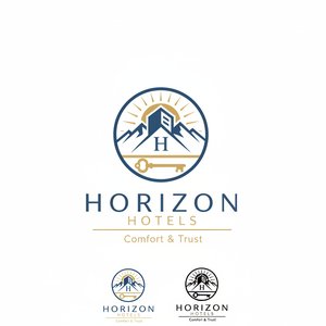 Stylish and memorable logo for a hotel brand, modern and elegant design, minimalistic style, premium look, clean lines, balanced composition. Include subtle hospitality symbols such as a building silhouette, mountains, sun, or a key. The logo should conve