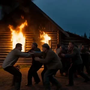 Global rule: Without music, diegetic SFX only — the constant roar and crackle of a massive fire, timber splitting and popping, embers hissing, panicked shouts and gasps from a small crowd of villagers. No dialogue. Cinematic handheld footage with steady n