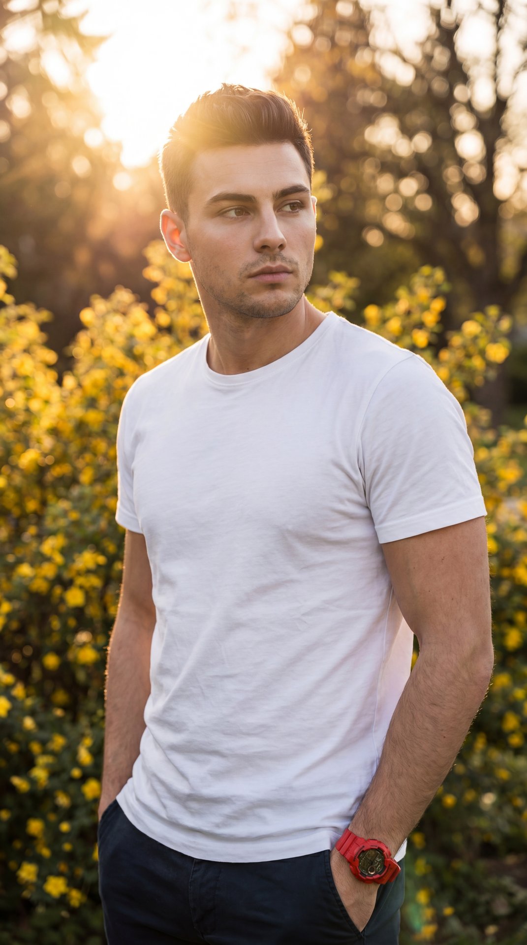 Professional golden-hour outdoor изображение, medium shot (waist-up), portrait orientation, slight low-angle three-quarter view; subject framed on the right third beside lush green bushes covered with small yellow flowers; pose: torso angled slightly righ