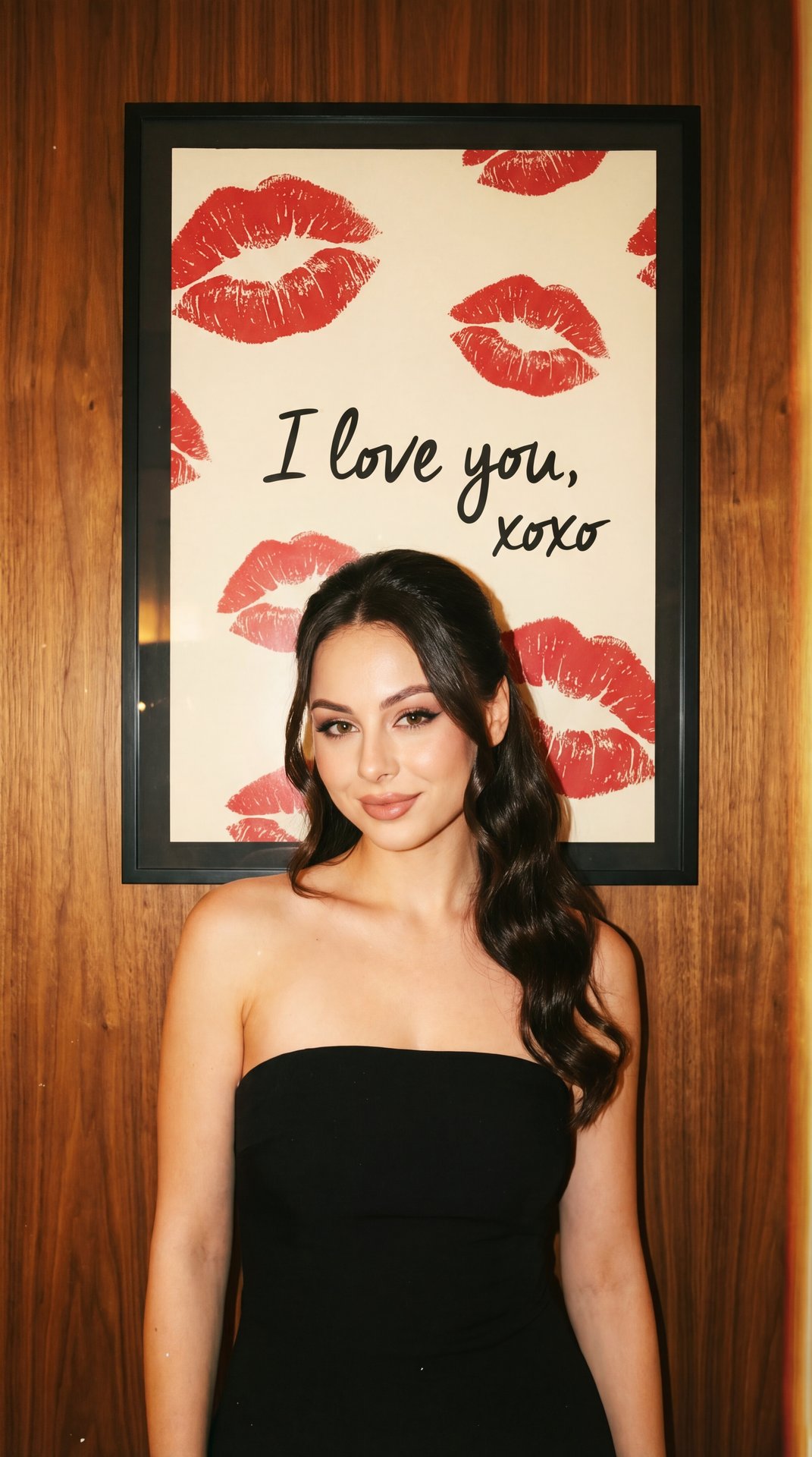 The image features a person standing in front of a framed artwork on a wooden wall. The individual is wearing a strapless black dress and has long, wavy dark hair cascading over one shoulder. The expression on their face is pleasant and relaxed.

The artw