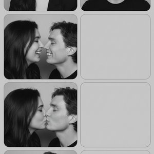 Фотореалистичная чёрно-белая фотобудка (photo booth) в формате вертикальной сетки 2 колонки х 4 ряда. Слева - серия живых кадров с парой (как на фото), справа - намеренно «пустые» или обрезанные кадры (частично видны плечо часть головы мужчины), создающие