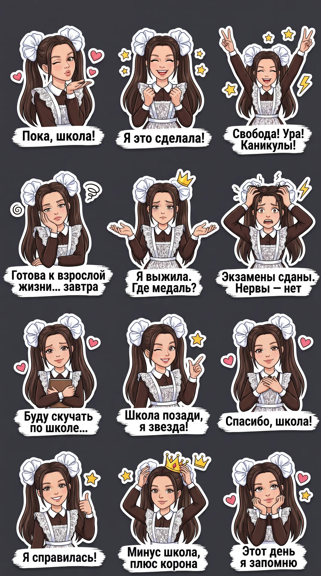 Создай сет из 12 стикеров в стиле cute kawaii / anime / Telegram stickers.
Одна и та же героиня во всех стикерах: милая школьница с длинными тёмно-каштановыми волосами в двух высоких хвостиках, большими белыми бантами, в коричневой школьной форме и белом 