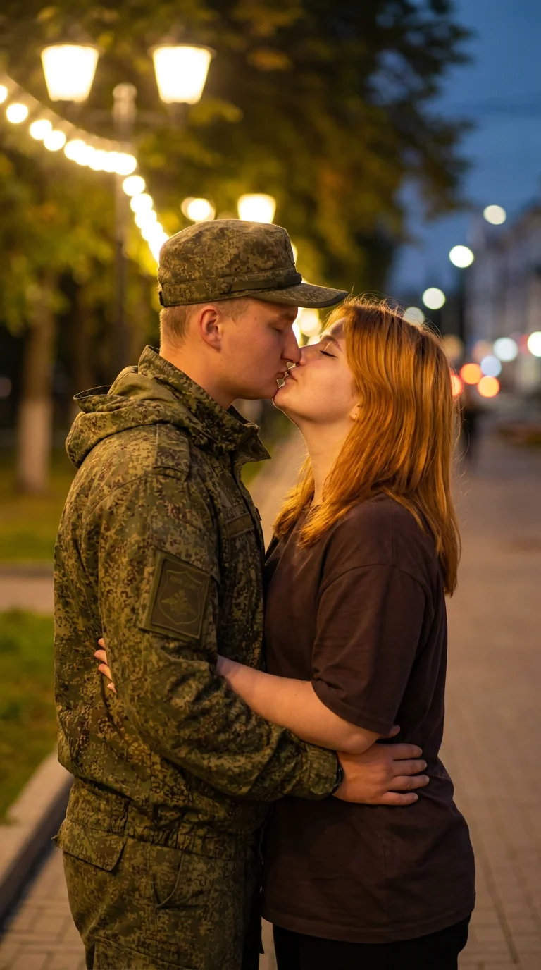 На фотографии должна быть изображена трогательная сцена нежной любви и эмоциональной близости. Молодой человек в военной форме, вероятно, в армейской форме, обнимает и целует девушку. Он стоит чуть слева, что добавляет фотографическому и атмосферному эффе