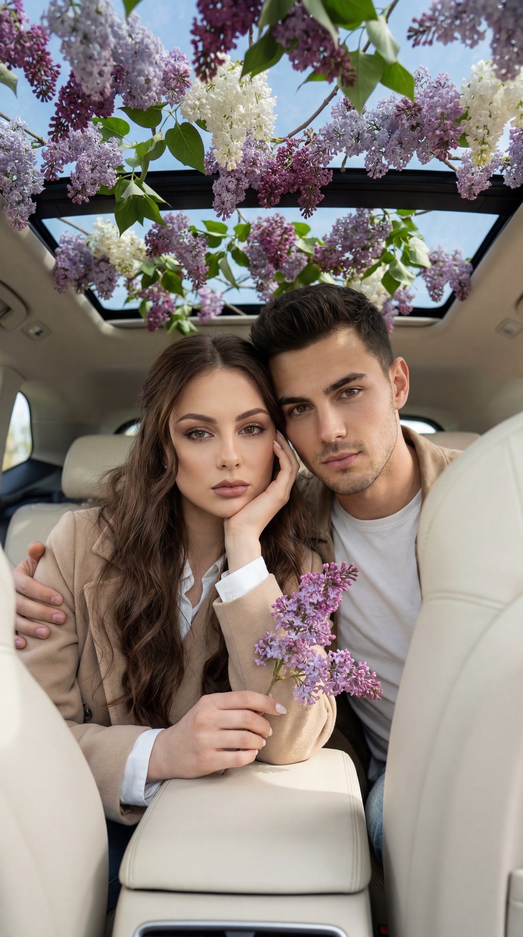 Fujifilm GFX 100, 100mm lens, depth of field, subsurface scattering, soft morning light, Tyndall effect, hyper-detailed iris, unedited RAW photo 8k resolution.
A medium close-up portrait of a young woman and a man sitting in a car with a slightly open pan