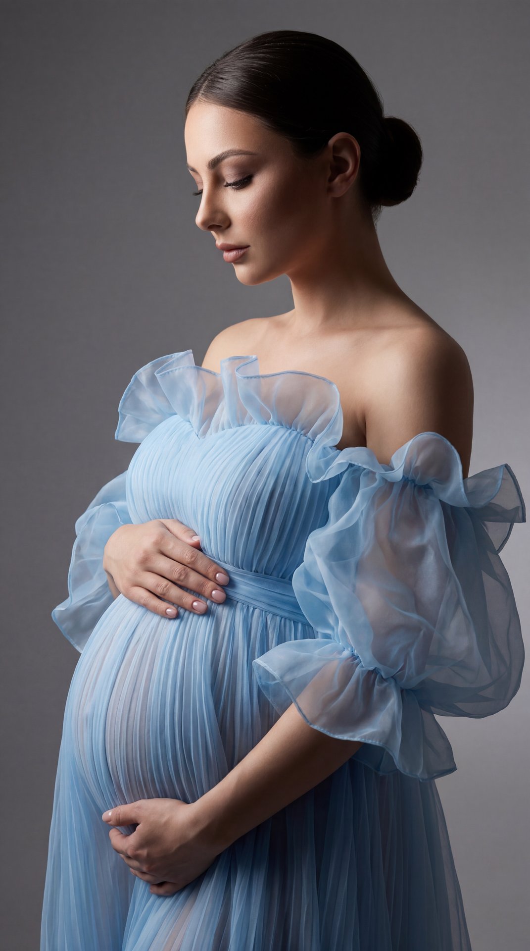 Professional studio fashion portrait, side-profile three-quarter shot at eye level (camera perpendicular), center-framed on a seamless gray backdrop; soft diffused key light front-left with gentle rim back-right; cool clean color grade, shallow DOF, high 