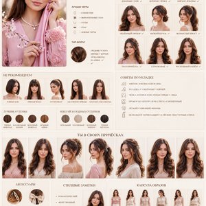 Create a high-end editorial “Hairstyle Analysis Board” using this portrait. Luxury fashion magazine style (Dior / Ralph Lauren aesthetic), clean beige/ivory background, warm tones, soft diffused lighting, ultra-detailed photorealistic quality, consistent 